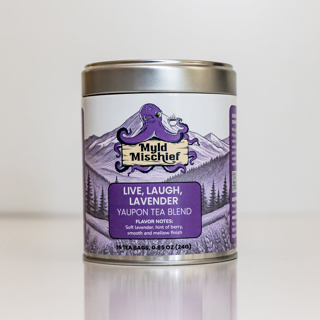 Live Laugh Lavender Yaupon tea blend tin front label by Myld Mischief
