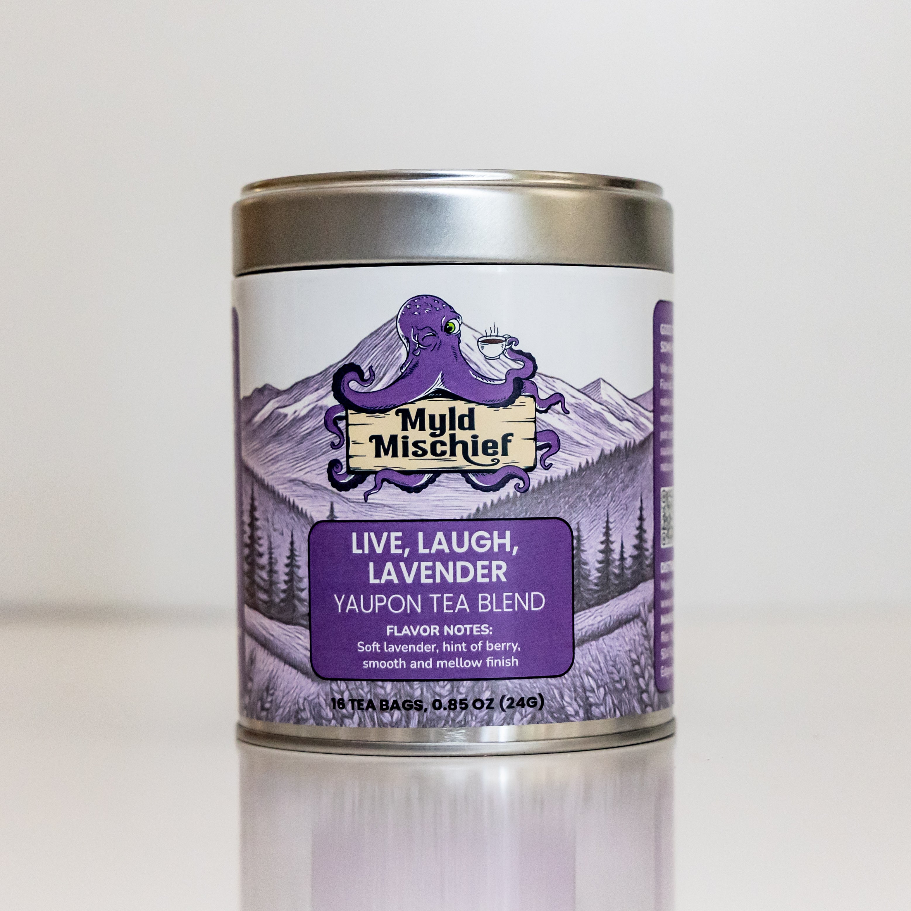 Live Laugh Lavender Yaupon tea blend tin front label by Myld Mischief