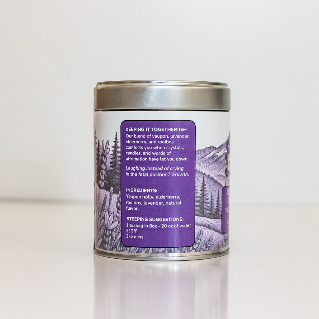 Live Laugh Lavender Yaupon tea tin side label with sourcing details