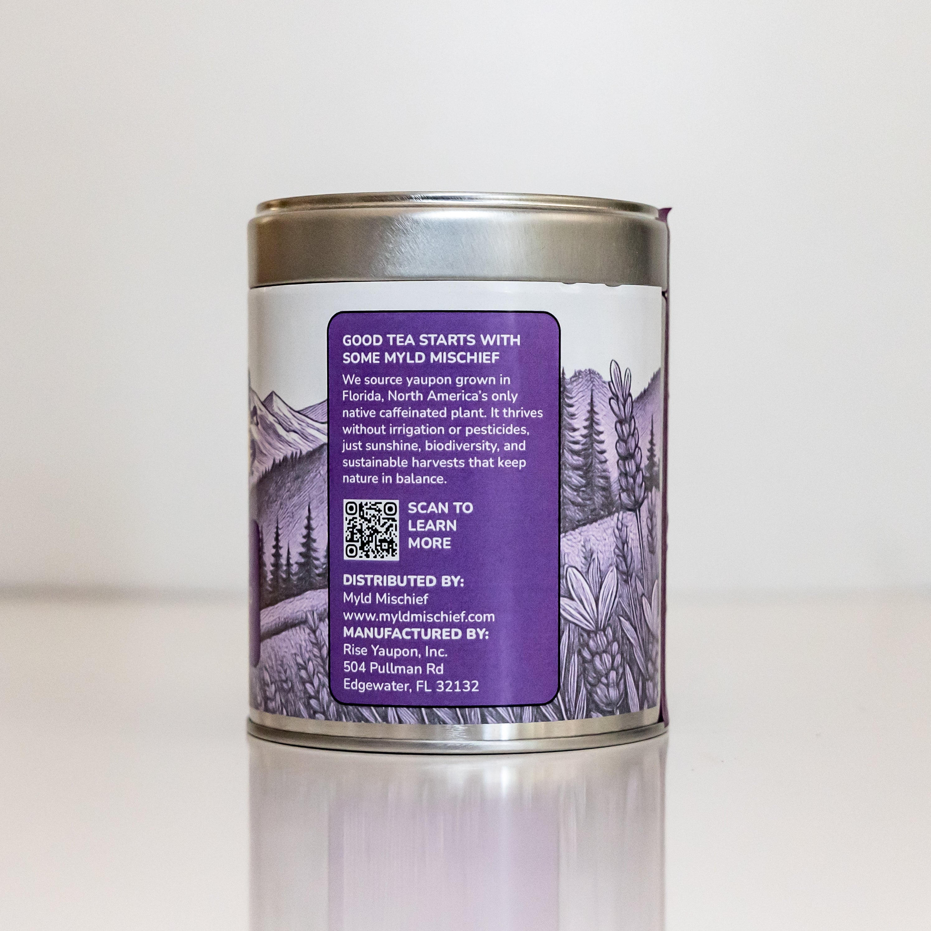 Live Laugh Lavender Yaupon tea tin side label with ingredients and steeping details